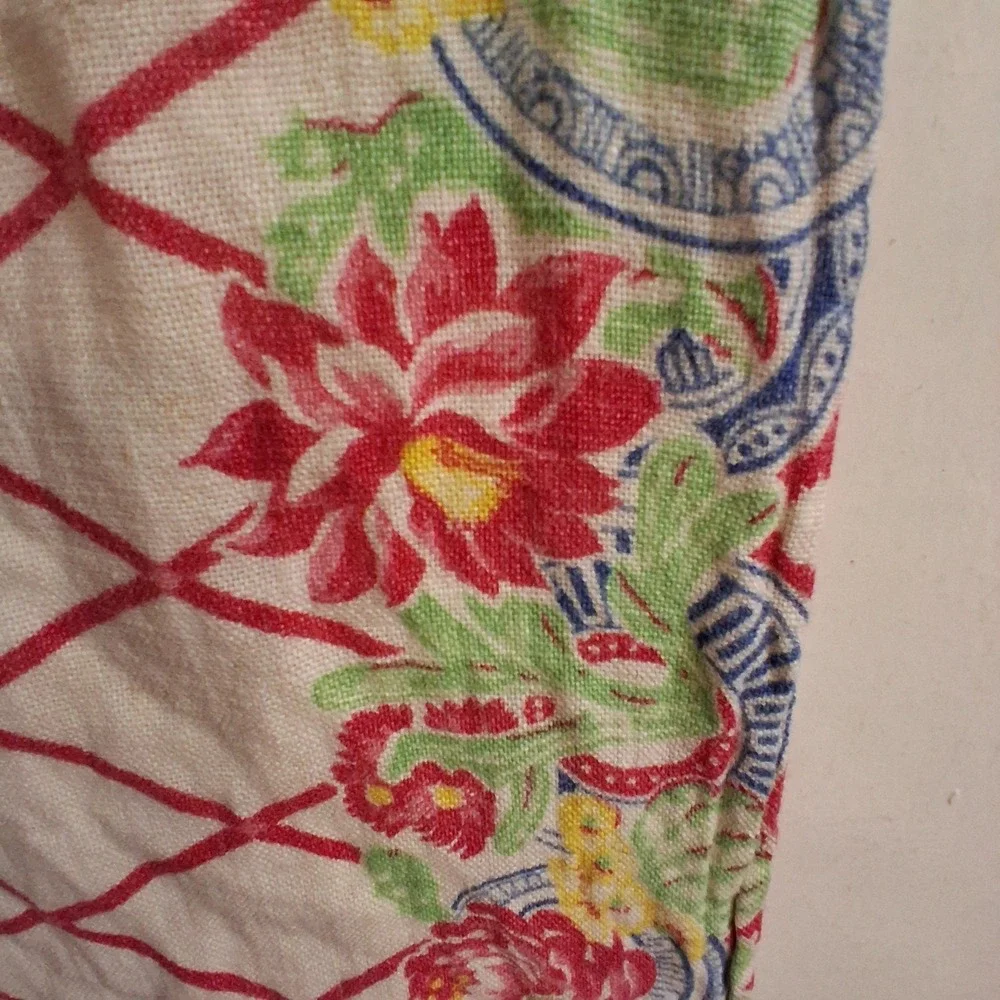 Vintage Cottagecore Floral Diamond Table Runner 13x30 Blue Red Yellow Granny EUC